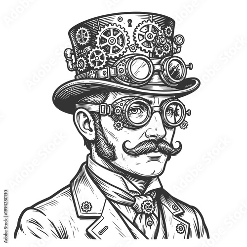 steampunk gentleman wearing mechanical goggles and a top hat filled with gears, blending Victorian style with industrial fantasy sketch engraving generative ai vector illustration. Black and white.
