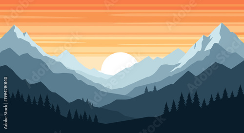 A serene illustration depicting a mountain range at sunset, evoking feelings of tranquility and offering a perfect backdrop for travel blogs or inspir