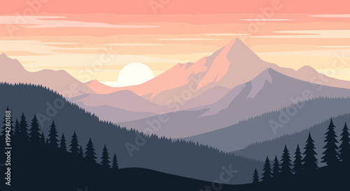 A tranquil scene of silhouetted pine trees against a deep blue background evokes feelings of serenity and mystery, ideal for nature-themed marketing o