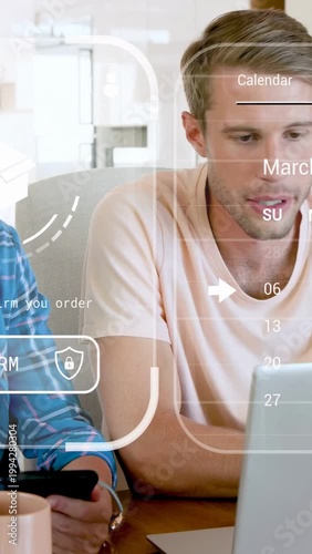 Vertical video: Woman tapping phone, man typing laptop, AR map updating order status and confirming