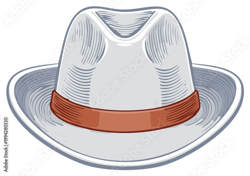Classic Grey Fedora Hat with Brown Band Detailed Illustration