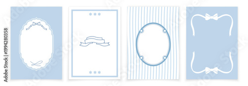 Set of four blank templates for wedding invitations, cards in light blue and white tones. Templates with decorative frames, ribbons and bows.