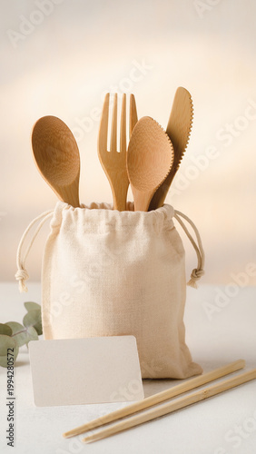 Eco-friendly wooden cutlery set in a canvas bag on a table