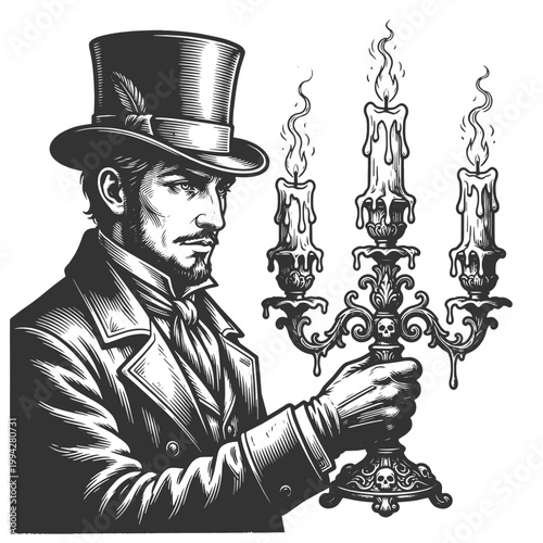 Victorian man in top hat holding an ornate candelabra with dripping candles, evoking gothic elegance and dark atmosphere sketch engraving generative ai vector illustration. Black and white image.