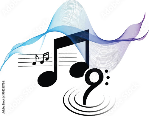 Music notes, sound waves, melody symbols, audio icons, vector graphics
