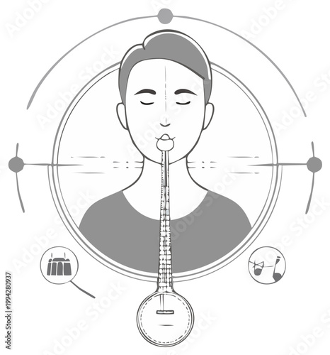 Illustration of a Person Playing a Ney Flute with Graphic Circle Elements Depicting Sound Concepts and Instrument Details