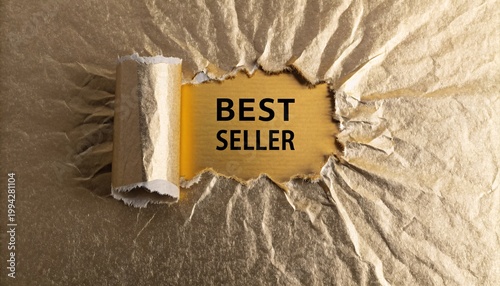Torn kraft paper revealing Best Seller message with golden background marketing concept
