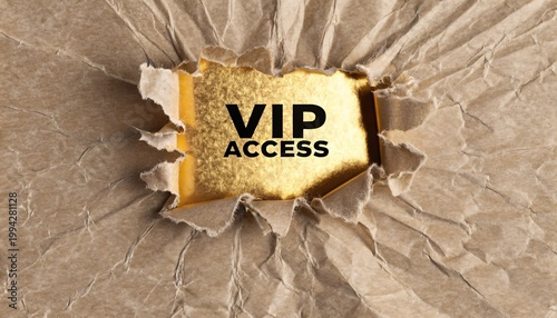 Torn kraft paper revealing VIP Access message with golden background exclusive concept