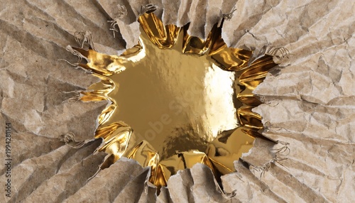 Torn paper hole revealing gold foil message background marketing concept with copy space