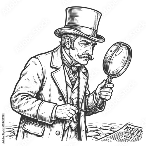 Victorian detective using a magnifying glass to inspect clues, evoking mystery, investigation, and classic crime solving sketch engraving generative ai vector illustration. Black and white image.