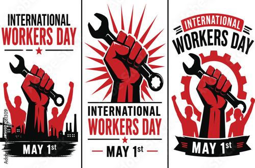 International workers day celebration with wrenches and raised fists imagery