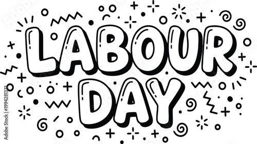 A black and white doodle illustration spelling out the words labour day