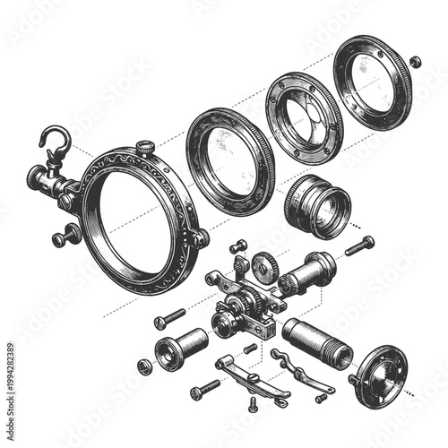 diagram showing exploded view of antique optical instrument with lenses and mechanical parts, highlighting precision engineering and vintage craftsmanship sketch engraving generative ai vector.