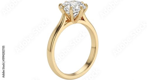 Yellow gold solitaire diamond engagement ring with a classic six-prong setting, showcasing a brilliant-cut diamond on a polished band