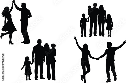 Silhouette family groups and dancing couples celebrating together, parents with children, joyful lifestyle relationships vector illustration design