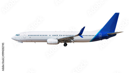 Foto Modern passenger airplane with blue tailfin and white fuselage side view