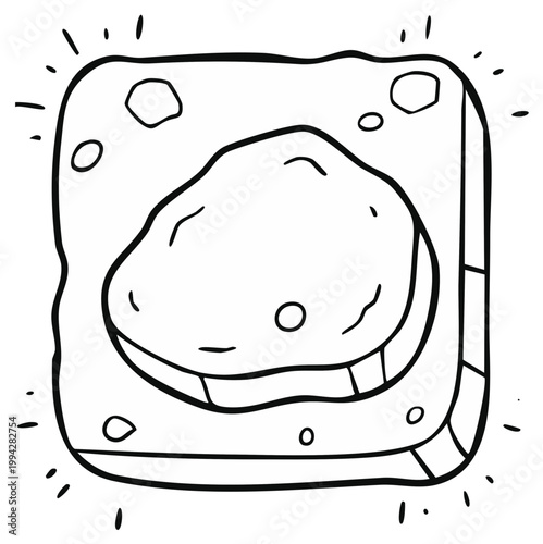 Hand-drawn toasted bread slice with topping icon. Cartoon food snack illustration. Grilled wheat bread outline