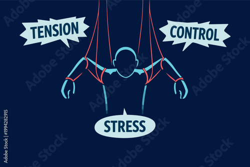 Person as a puppet experiencing stress, tension, and control influencing mental health and manipulation