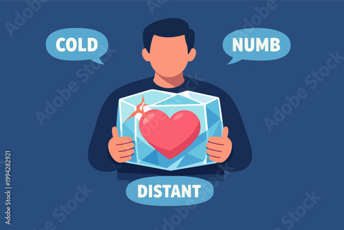Man holding frozen heart, dealing with apathy, emotional numbness, and keeping others distant