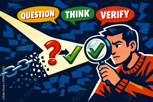 Man examining information using a magnifying glass discovering truth by questioning, thinking, and verifying facts