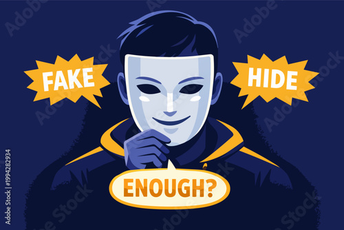 Person wearing mask concealing identity, thinking fake and hide, questioning if enough for deception and cybercrime