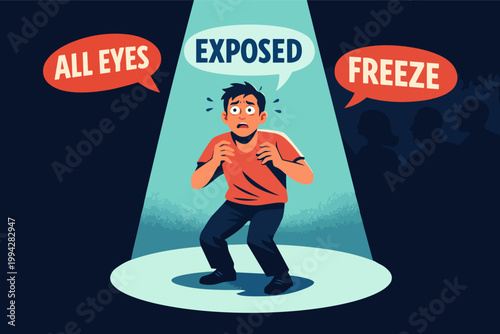 Performance anxiety developing on stage, a man freezing in the spotlight feeling exposed as audience watches