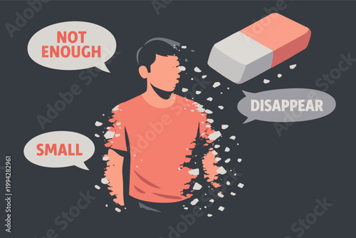 Man experiencing negative self-perception, feeling small and not good enough, an eraser wiping away his identity