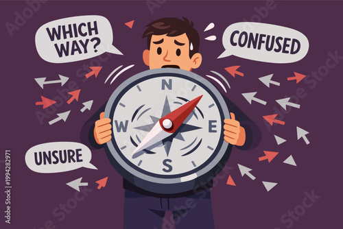 Confused man holding a spinning compass indicating a difficult choice and navigating uncertainty