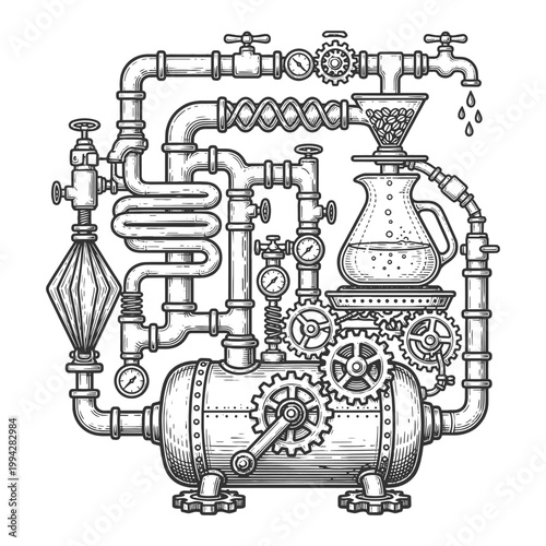steampunk coffee brewing system with pipes, gears, valves, and glass pot producing fresh coffee sketch engraving generative ai vector illustration. Scratch board imitation. Black and white image.