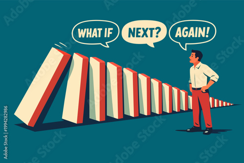 Business person observing dominoes falling, representing chain reaction, risk, problem, and cause and effect