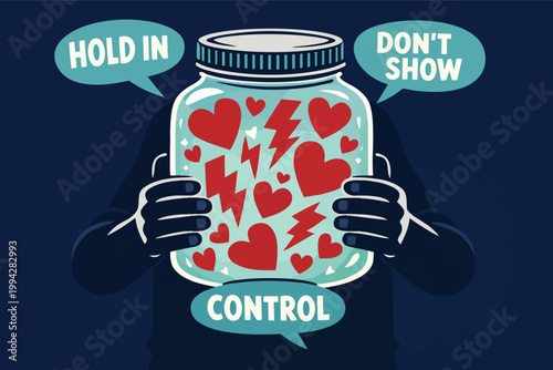 Person holding hearts and lightning bolts in a jar, suppressing emotions and controlling feelings