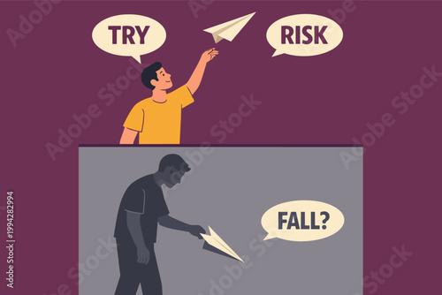 Choosing between taking a risk and fear of failure, showing a man throwing a paper airplane and another reflecting on falling