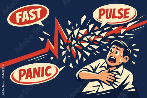 Man holding his chest, experiencing a panic attack with a rapidly breaking heart rate symbol and text bubbles