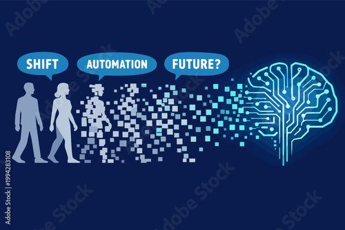 Human evolution into artificial intelligence, digital transformation creating future automation and technological shift