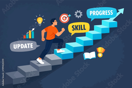 Man climbing steps representing continuous learning, personal development, and career growth leading to success