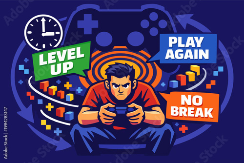 Professional male gamer concentrating, playing video game for hours, addicted to winning and leveling up in esports match