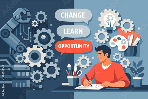 Man adapting to future work, embracing creativity, learning, change, and opportunity with automation and ideas