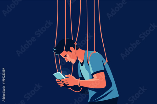 Young man controlled by smartphone, digital addiction, social media manipulation, online dependency, internet influence concept
