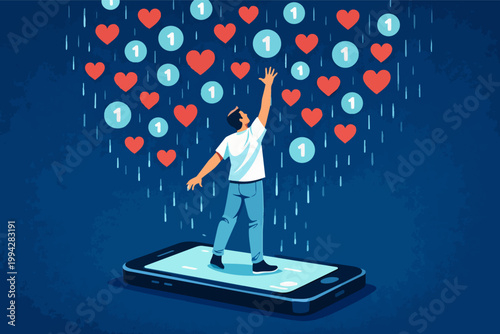 Man on smartphone reaching for social media likes and hearts, seeking online validation and connection