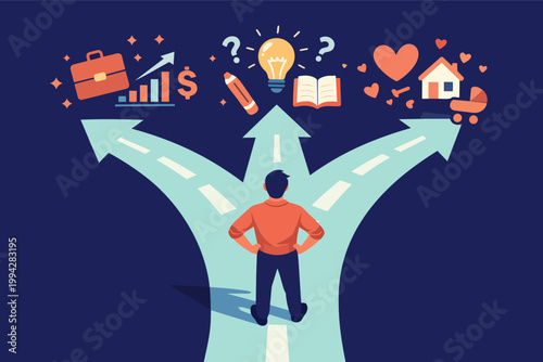Person facing a three-way path, symbolizing life choices in career, learning, and personal family future