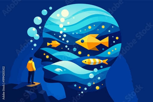 Person observing subconscious mind as deep ocean full of thoughts and imagination, abstract psychology concept