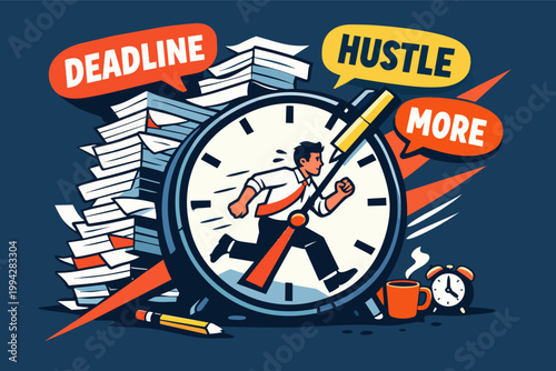 Businessman stressing while running on a clock, racing against a deadline with many documents, coffee, and hustle more bubble