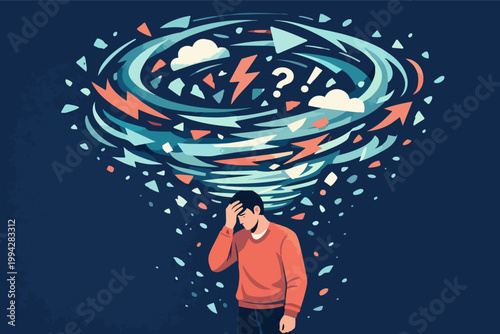 Man feeling overwhelmed with jumbled thoughts, experiencing mental chaos, stress, and anxiety in a swirling vortex