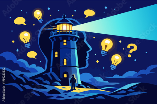 Human mind illuminating clear ideas and guidance, a person finding direction with lighthouse insights