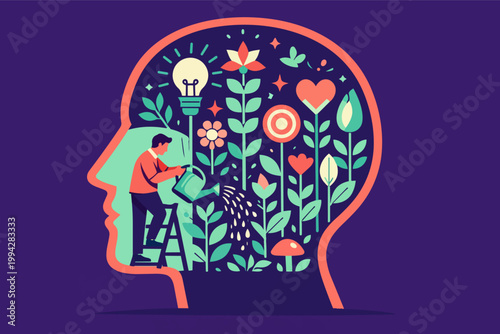 Human head growing flowers inside, man on ladder watering plants, developing mindset and mental wellness