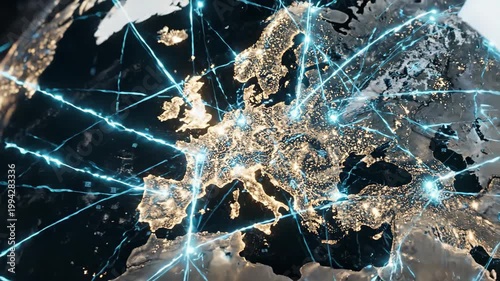 Spinning planet earth showing global network connections over europe