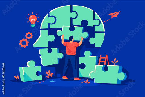 Person assembling jigsaw puzzle pieces forming a human head, representing mental health, personal growth, and self-improvement
