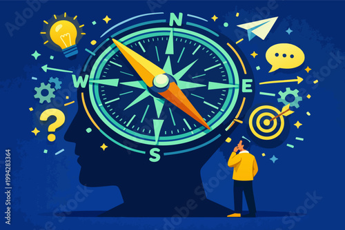 Person finding clear direction and strategic vision with a compass illuminating ideas in a large head silhouette