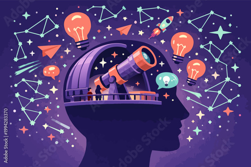 Human head silhouette opening mind to universe exploration, discovering new ideas, observing space with a telescope