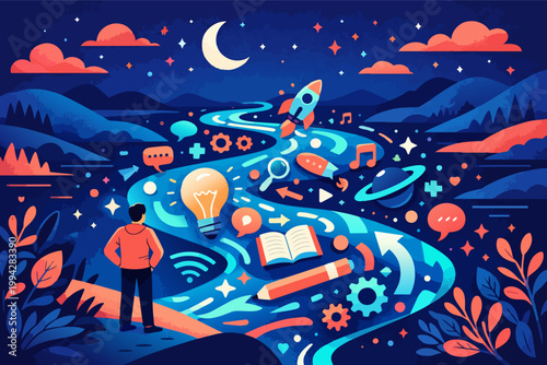 Man standing observing creativity and learning path flowing as a river with ideas, education, and innovation